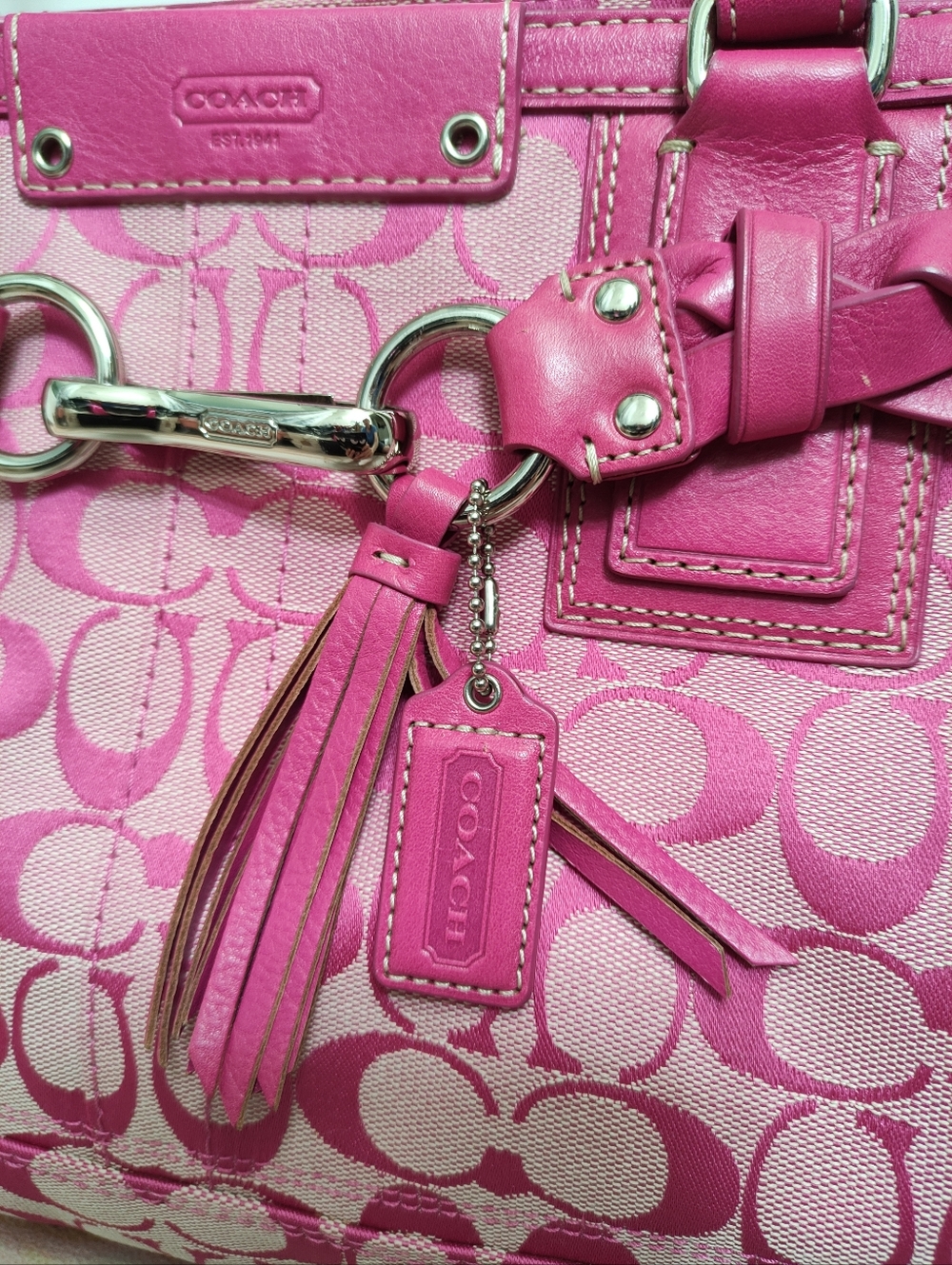 Vintage Y2K Coach F13068 Hampton Signature Large Carryall Satchel Hibiscus/Pink - Picture 9 of 14